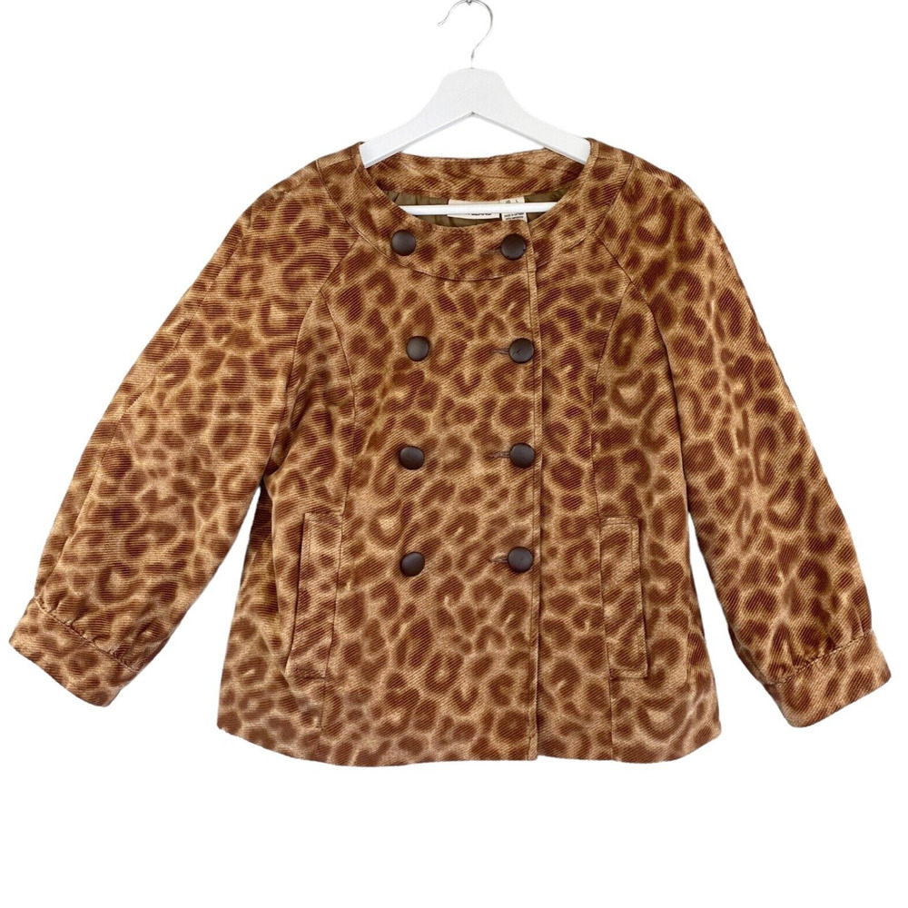 DKNY Jeans Coat Womens Large Brown Animal Print Peacoat Swing Mix Soft‎ Corduroy